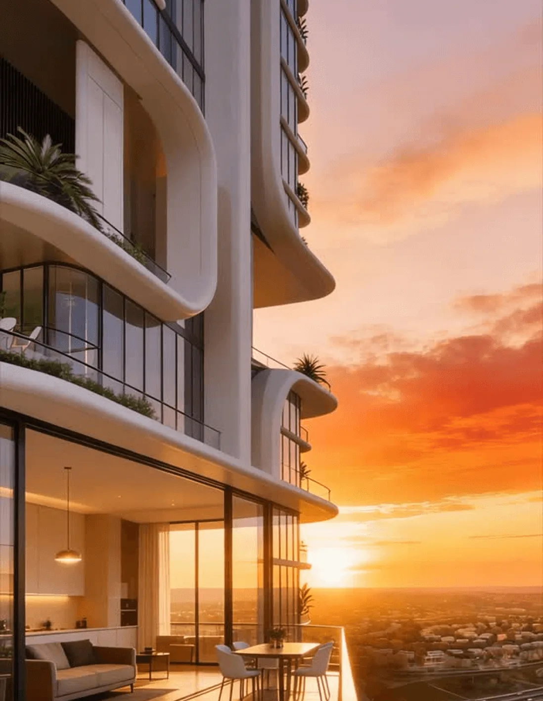 Curved balconies of Movenpick Residences Motor City Dubai at sunset