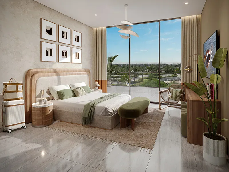 Bedroom opening to a planted balcony