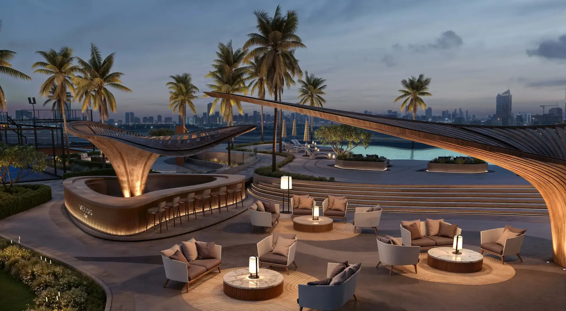 Rooftop lounge at dusk, Movenpick Residences Motor City