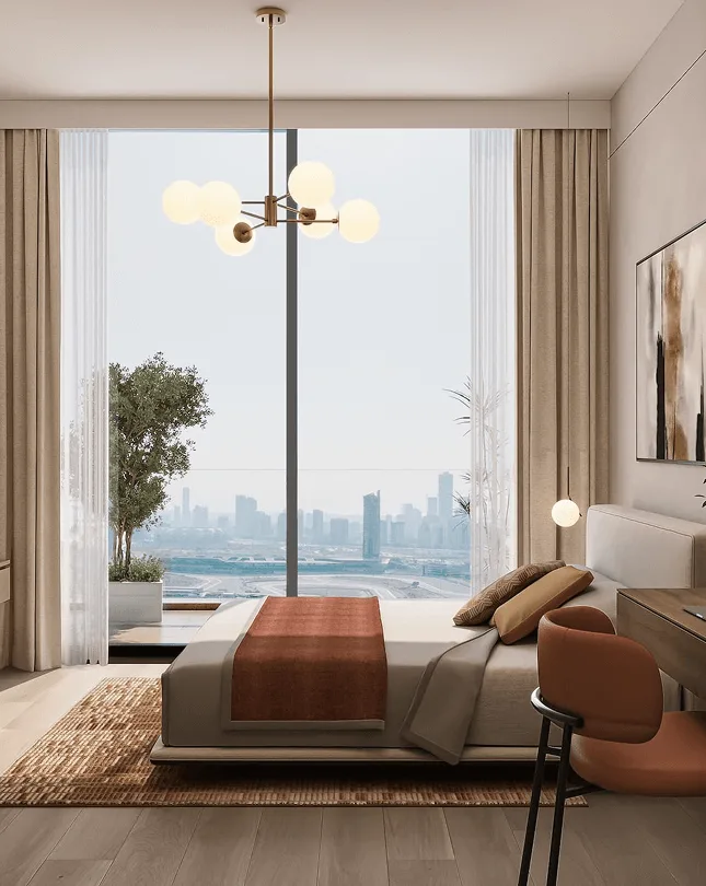 Studio bedroom with full-height window